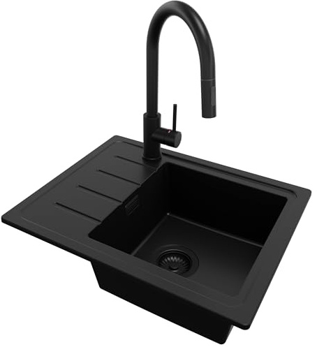 PRIMAGRAN Lavandino da Cucina al Mobile 45cm + Rubinetto, 55x44cm | Set: Rubinetto BW9010 + Kit di scarico + Lavello in Granito a 1 Vasca - Copenhagen Easy, Tutto Nero