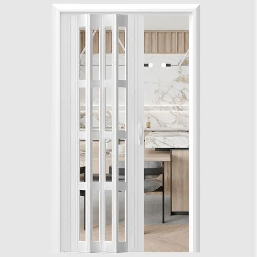 White Accordion Folding Doors Interior, PVC Concertina Door for Kitchen Living Dressing Room, Frosted Acrylic Sliding Door, Replaces Barn Door(24x40in(61x101cm))