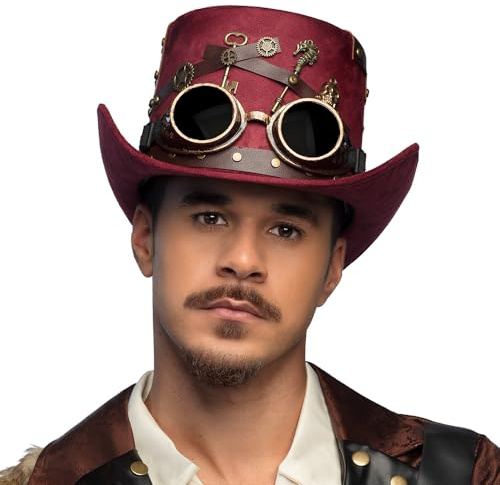 MIMIKRY Roter Steampunk Zylinder mit Zahnrädern Schlüsseln Goggles Gr. 56-60 Keypunk-Hut Damen Herren