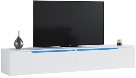 SONNI TV-Schrank, Fernsehtisch, TV-Regal, Lowboard Hochglanz, Hängend mit LED-Beleuchtung, 12 Farben können eingestellt Werden, 2 Schränken für Wohnzimmer und Schlafzimmer 180x35x30cm Weiß GTV009W-180
