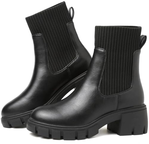 Bravover Bottines Chelsea pour femme imperméables à enfiler à talon épais Pointure UK 3.5-7.5, PU Noir, 7.5 UK