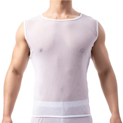 Malla Transparente Ver a Través Chaleco Camiseta Mangas Rejilla para Hombre(Size:XL,Color:Blanco)