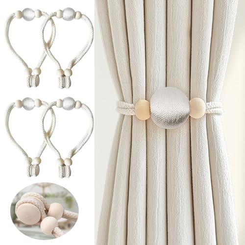 NAHUAA Ferma Tende con Calamita Legno Calamite per Tende Beige Fermatenda Magnetico Elegante per Soggiorno, Camera da Letto, Sala da Pranzo, Bagno, Cucina, 4 Pezzi
