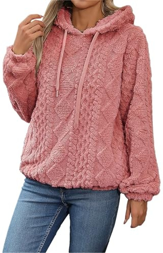 Sudadera holgada de gran tamaño para mujer, sudadera mullida, informal, cálida, suave, de manga larga, con cordones, acogedora, suave, con textura de felpa, suéter de Navidad para mujer, rosa, M