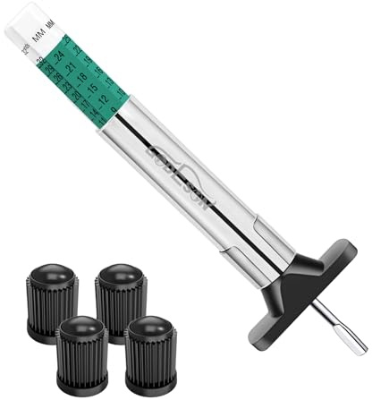 GODESON Misuratore di profondità per pneumatici con 4 tappi per valvole, misuratore di profondità per pneumatici, codificato a colori su 6 lati, doppia scala (1/32 e 25mm) per auto, camion, moto