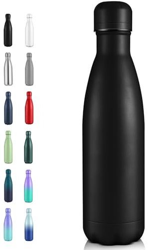 Volhoply 500ml Insulated Stainless Steel Water Bottle, Double Wall Vacuum Flask, Keeps Cold 24h & Hot 12h, Available in Packs of 1 or 4（Black,1 Pack