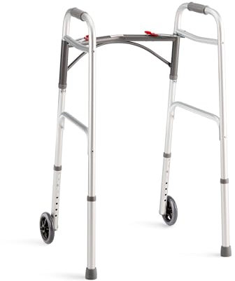 Walking Frame with Wheels, Height Adjustable Folding Lightweight Aluminium Frame, Zimmer with Fast Fold Mechanism and Anti Slip Ferrules