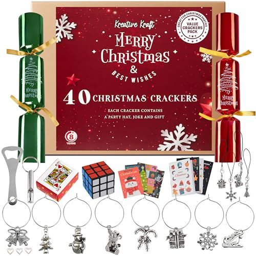 KreativeKraft Pop Luxury Christmas Crackers, Pack of 40 Restaurant Catering & Family Gathering Xmas Crackers with Mini Gifts, Fun Novelty Party Supplies (Red Green)
