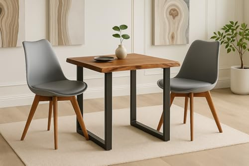 SAM 3-TLG. Essgruppe Josy 80x80 cm, Nussbaum-Optik, 2X Stuhl Grau | Baumkante, Holz Nussbaum-Optik, 40 mm Platte, U-Gestell Schwarz, 2X Schalenstuhl Grau + Gestell in Nussbaumfarben