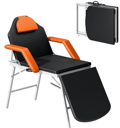 HOMCOM Camilla Masaje Plegable Portátil Camilla Estética Profesional de 3 Zonas con Respaldo Soporte para Piernas Ajustables Reposacabezas Extraíble Reposabrazos Acolchados para SPA 182x82 cm Naranja