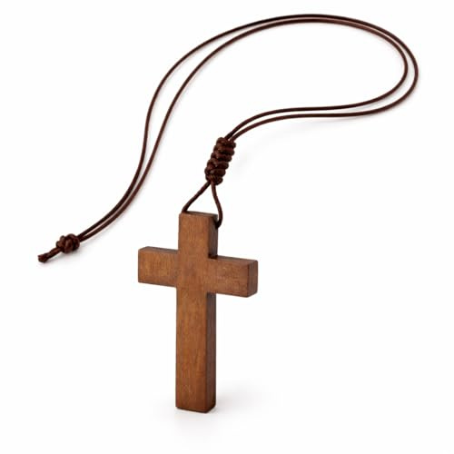CLISPEED Wooden Cross Necklace for Men Women - Handcrafted Natural Wood Pendant with Adjustable Rope Chain - Lightweight Retro Christian Religious Jewelry Gift for Boys Confirmation Baptism