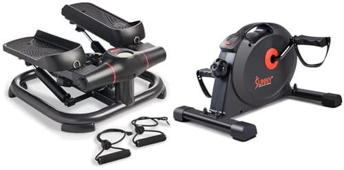 Sunny Health & Fitness Under Desk Dual Function Smart Mini Arm & Leg Pedal Exerciser Cycle Bikes + 2-in-1 Premium Power Stepper W/ Resistance Bands, Low-Impact Cardio, Space-Saving, Adjustable