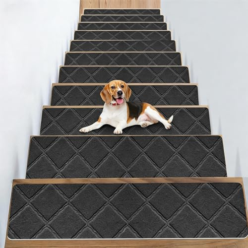 Treppenstufen Matten, 15 Stück Stufenmatten Selbstklebend Innen, 76 X 20 cm Anti-Rutsch Treppenteppich Selbstklebend für Holzstufen, Sicherheit Stufenteppich für Kinder, Älteste, Haustiere, Dunkelgrau