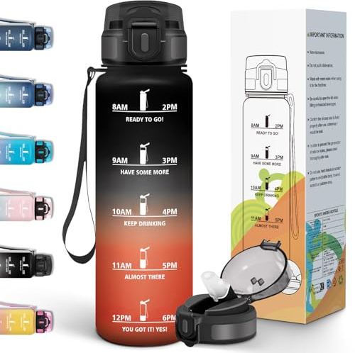 Motswedi Borraccia 1 litro, con Cannuccia, Borraccia Palestra, a Prova di Perdite, Bottiglia d'Acqua con Indicatore del Tempo, Bottiglia Acqua per Sport, Università, Ufficio & Bicicletta - Nero&rosso