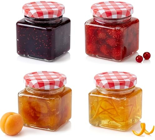 GEEZY Set of 4 Mini Glass Jars 75 ml with Airtight Red Gingham Screw Top - Leakproof Travel Cosmetic Pots & Organiser - Small Containers for Creams, Crafts, Spices, Jams, Honey & Wedding Favours