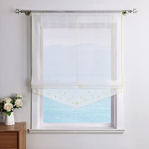 ESLIR Raffrollo mit Schlaufen Raffgardinen Gardinen Küche Transparent Schlaufenrollo Vorhänge Bestickt Modern Voile Gelb BxH 80x140cm 1 Stück