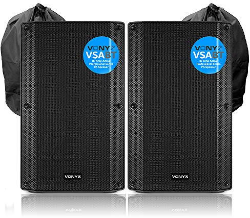 2x Vonyx VSA15BT 15 Bluetooth Active Speaker - 1000W Powered PA Speaker Pair with Bags, Bi-Amplified Design, Ideal for DJs, Events, and Live Performances