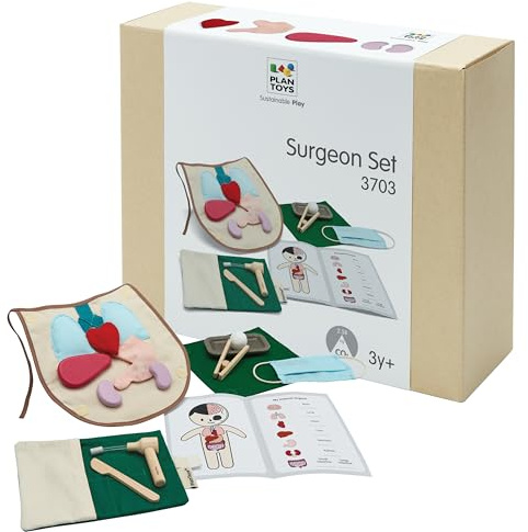 PlanToys Set de Cirujano para Niños - Maletín Médico de Madera con Bolsa de Almacenamiento - Juguete de Doctor a Partir de 3 Años - Juguetes de Madera