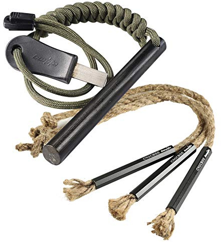 bayite 4 Inch Survival Flint Fire Starter Ferro Rod Kit with Striker, CrocSee Pack of 3 Survival Wick Hemp Cords Tinder