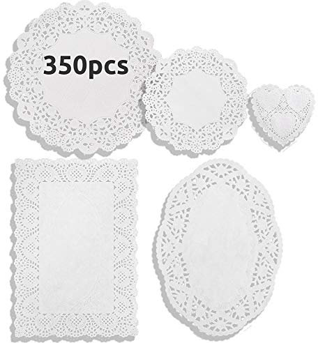 Daily Treasures 350 Pcs Lace Paper Deckchen 6 Formiger Untersetzer Deckchen Kuchen, Rund Oval Rechteck Herz Papierdeckchen Spitze, 6 Größe Papier Spitzendeckchen für Papierdeckchen