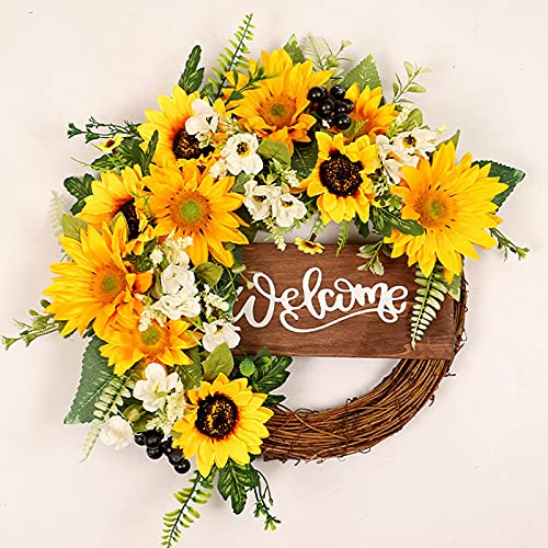 ZWMBYN Ghirlanda di girasole artificiale, ghirlanda di benvenuto da appendere, ghirlanda di fiori finti per estate, autunno, primavera, cartello di benvenuto per porta d'ingresso, parete, festa di
