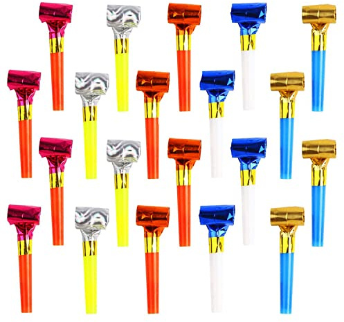 AKH® 20 Party Blowers | Birthday Loot Bag Filler | Colourful Foil Blowouts | Blowouts Noisemakers | Party Noise Generators | Party Whistles | Noise Toy For Kids Birthdays Weddings Celebrations