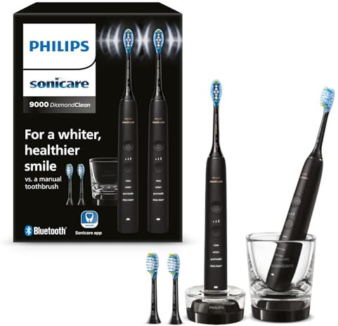 Philips Sonicare DiamondClean 9000 elektrische Zahnbürste, Doppelpack, Schallzahnbürste mit App, Drucksensor, 4 Putzmodi, 3 Intensitätsstufen, Ladeglas, schwarz, Modell HX9914/63