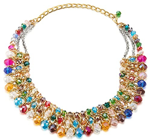 COOLSTEELANDBEYOND Statement Choker Anhänger Bunte Facettiert Kristall Perlen Perlenschnur Gold Geflochtene Kette Halsketten DREI Stränge