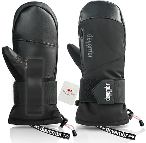devembr Ski Mittens with Wrist Guards, Waterproof Snowboarding Mittens, Black, M