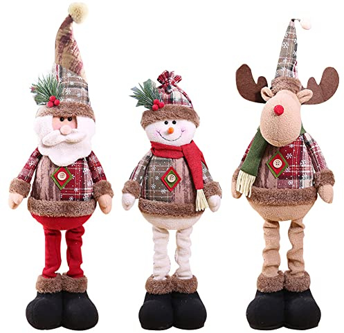 3 Figuras Decorativas 60 cm, Peluche, Papá Noel, muñeco Nieve, Reno, Adornos naviños, piernas largas, Figuras para Mesa, Chimenea, Navidad, Figuras Decorativas