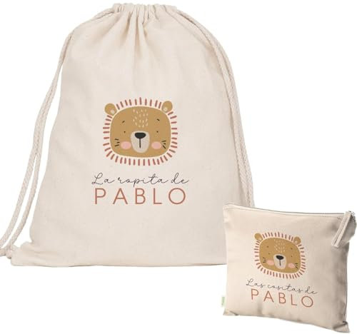 EVYRE | Pack Bolsa y Neceser | Mochila Infantil Personalizada Con Nombre | Mochila Niña/o + Neceser Bebe Guarderia | Mochila de Cuerdas Niño/a Algodón Orgánico | Bolsa Merienda Infantil | León