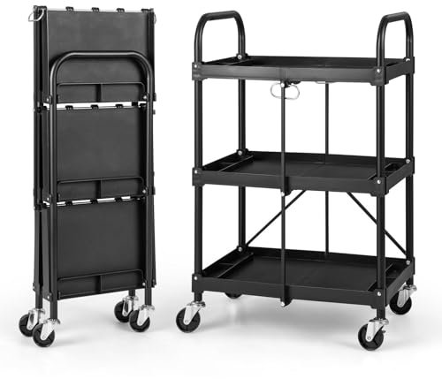 GiantexUK 3-Tier Folding Tool Trolley, Metal Frame Service Cart with Wheels, Tool Grooves & Handles, Heavy Duty Rolling Utility Storage Cart Trolley for Home, Office, Garage, Warehouse and Workshop