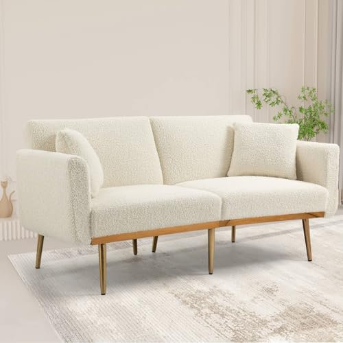 Sweiko 2er Sofa,Loungesofa Klappsofa Couch mit Schlaffunktion,Samtsofa Loveseat Sofa mit Metallfüßen,Modern Gästesofa Stoffsofa mit Armlehne für Wohnzimmer und Schlafzimmer (Weißer Teddy+Velvet)