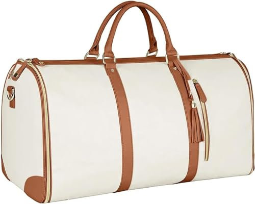 Große Kapazität Carry On Garment Bag PU Leder Duffle Bag für Frauen Wasserdicht Kleidersäcke für Reisen mit Schuhbeutel 2 in 1 Hängenden Faltbaren Koffer Anzug Reisetaschen (Beige)