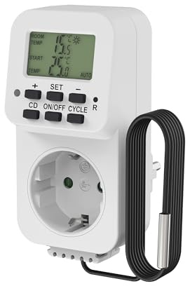 Perfekt termostatuttag, temperaturregulator 230 V, uttagstermostat med sensor temperaturbrytare för uppvärmning, kylning, växthus, terrarium, vit