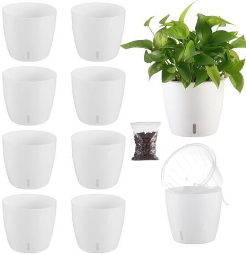 KvyusFlourish Macetas de autorriego para plantas de interior, paquete de 8 macetas de riego automático de 6.7 pulgadas con agujeros de drenaje, macetas pequeñas de color violeta africano con indicador