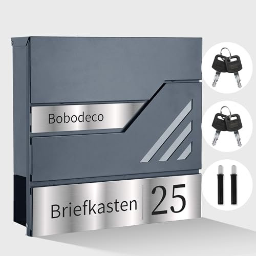 bobodeco moderner Briefkasten Personalisiert in Anthrazit RAL 7016, Postkasten mit Namensschild, Wandbriefkasten mit Zeitungsfach - Laser Gravur Briefkästen Stahl, Postbox, Anthrazit