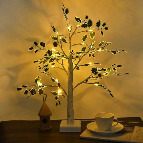 XhuangTech 24 LEDs Green Leaves Birch Tree Light, 2FT Warm White Light Birch Tree Tabletop Lamp, Timer Battery/USB Operated Artificial Birch Tree with Lights Indoor for Home Christmas Wedding Decor