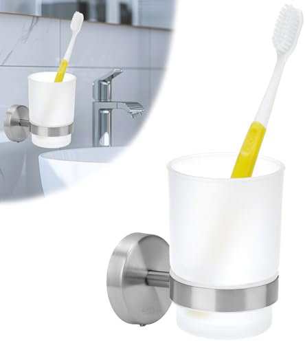 QWORK® Portacepillos de Dientes Pared, Porta Cepillo de Dientes de Acero Inoxidable, Porta Cepillos Dentales de Baño con 1 Vasos para Enjuague Bucal
