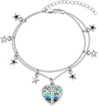 PARYFO Bracelet étoile arbre de vie pour femme en argent sterling 925 - Bracelet réglable - Cadeau pour maman, fille, épouse, petite amie, cœur, coquillage d'ormeau, 16mm X 16mm, Argent sterling,