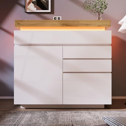 Lexiou Kommode, Hochglanz Sideboard mit 2 Türen und 3 Schubladen, LED-Beleuchtung (App-Steuerung), Mehrzweckschrank für Wohnzimmer und Schlafzimmer, 115 x 110 x 39 cm, Weiß