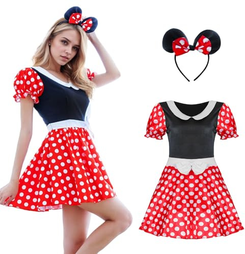HUIKUANGEU Damen Maus Mouse Kostüm,Mouse Kostüm Damen,Maus Ohren mit Roter Schleife,faschingskostüme damen,für Karneval,Fasching,Mottoparty