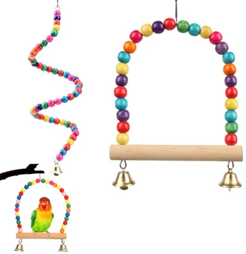KEQAR 2 pièces Jouets à suspendre, Accessoires de cage, Balançoire et perchoir en matériaux naturels, jouet à mâcher et à grimper pour perruches, inséparables, pinsons et autres petits animaux
