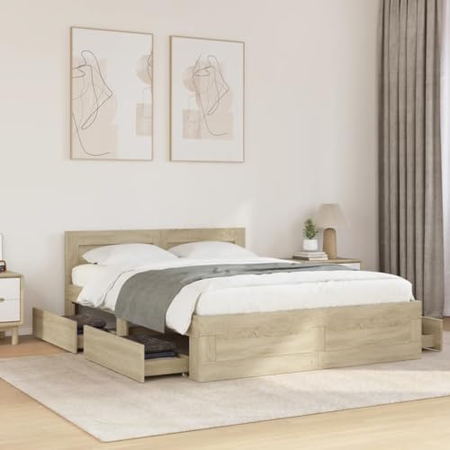 HUAKEHOM Bettgestell mit Kopfteil Bettrahmen mit Lattenrost Doppelbett Schlafzimmerbett mit Stauraum Sonoma-Eiche 120x200 cm Holzwerkstoff
