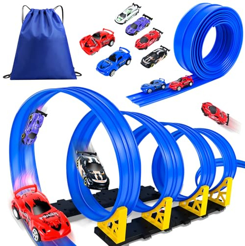 HERMORRYSS Circuit Voiture Enfant, 5 Mètres Piste de Course Voiture Flexible avec 6 Véhicules, Ventouse et Rampe, Piste de Voiture Jouet Librement Construite, Cadeau pour Garçons Filles 3+ Ans