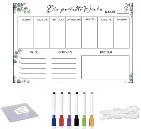 Planificateur hebdomadaire effaçable en verre acrylique pour la planification ménagère 30 x 20 cm Tableau mémo avec 6 marqueurs pour tableau blanc Planning hebdomadaire Famille à suspendre Liste de