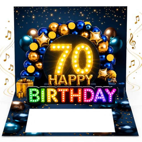 Joli Coon Geburtstagskarte 70 mit Musik und Licht, 20 × 15 cm | Pop-up-Mechanismus, Fächer für Geldscheine, Goldveredelung, passendes Kuvert, Siegelsticker, zum 70. Geburtstag