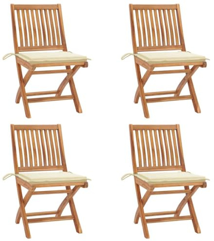 Mokuyary Fällbara trädgårdsstolar med kuddar, set om 4, massivt trä, teak, balkongstol, terrassstolar, matstolar för terrass, trädgård, balkong – I