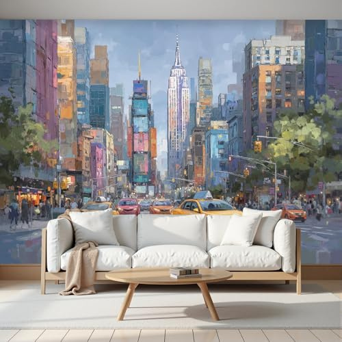 Murales 3D De Seda, Pintado Panorámico Retro Ciudad Mural Para Artística, Papel Tapiz Fotomurales Nueva York Vista Nocturna Decoración Póster De Pared Salón Dormitorio, 350 x 256cm