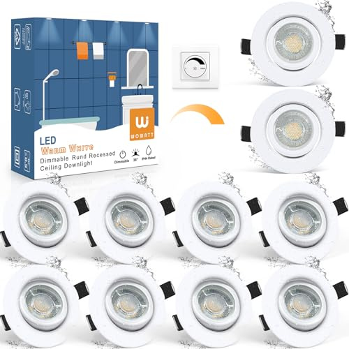 wowatt 10er LED Spots 230V Dimmbar, 5.5W Einbaustrahler LED Warmweiß 68mm | Ersetzt 60W Halogen Deckenspots Weiß Schwenkbar Ultra Flach IP44 Bad Einbauleuchten 2800K Hell 600LM Einbauspots Rund
